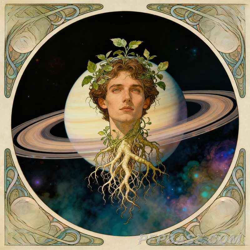 Image 12: male avatar, cliff at dusk, misty forest, lakeside morning, starry meadow, dreamlike Saturn