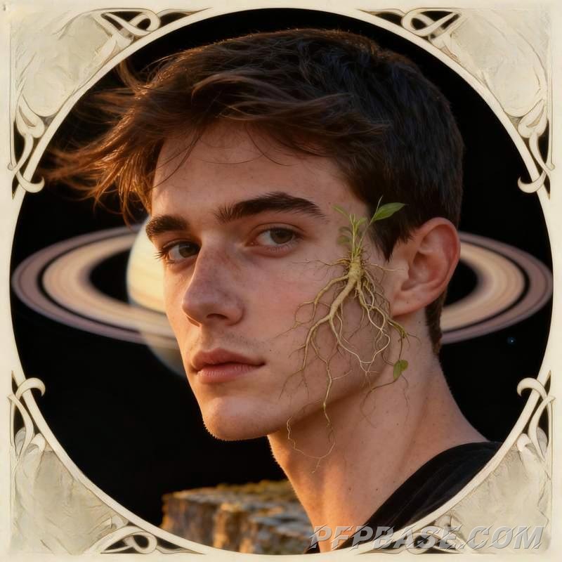 Image 5: male avatar, cliff at dusk, misty forest, lakeside morning, starry meadow, dreamlike Saturn