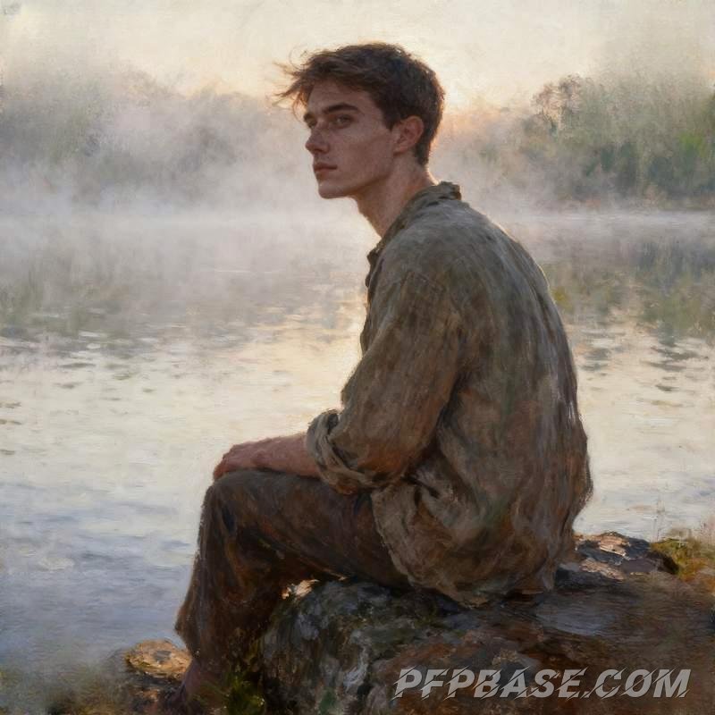 Image 6: male avatar, cliff at dusk, misty forest, lakeside morning, starry meadow, dreamlike Saturn