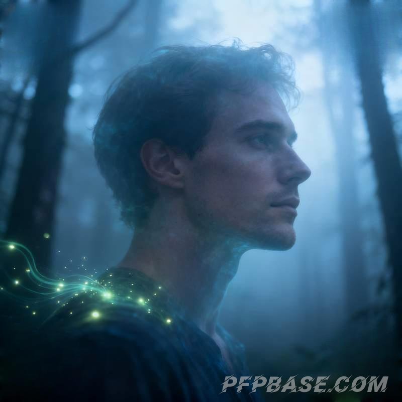 Image 9: male avatar, cliff at dusk, misty forest, lakeside morning, starry meadow, dreamlike Saturn