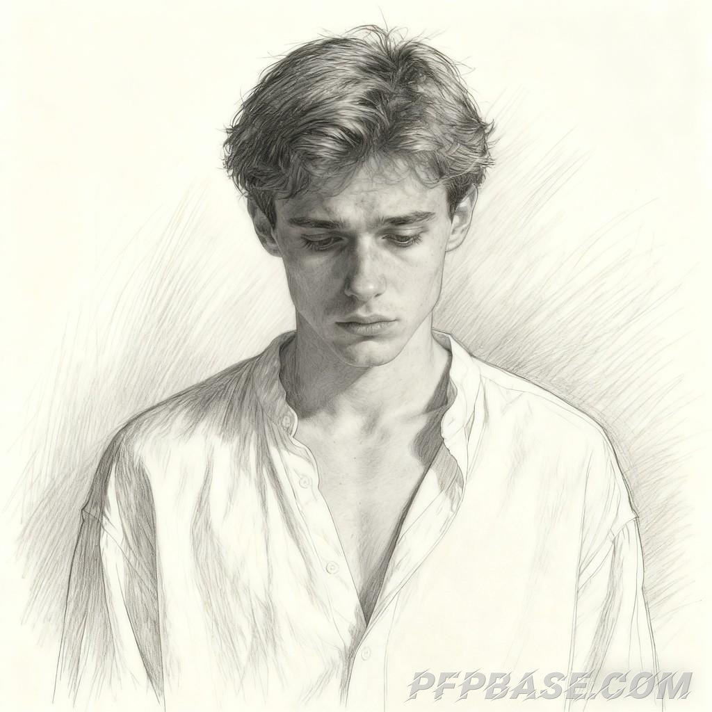 Image 4: melancholy, solitude, introspection, black and white style, male character