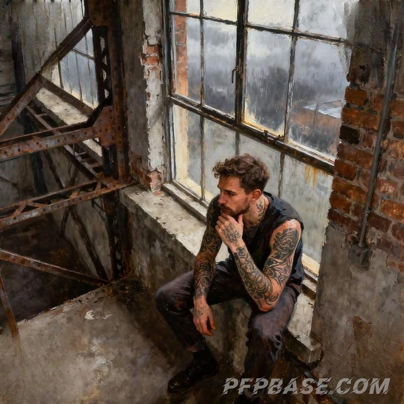 Image 6: male avatar, twilight mountains, misty forest, urban rooftop, dawn fog over wasteland, concrete wall