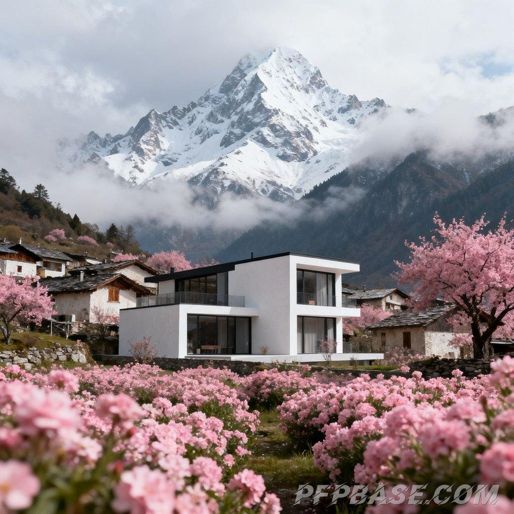 Image 1: dreamy, mountain vista, sea of flowers, harmony, coexistence