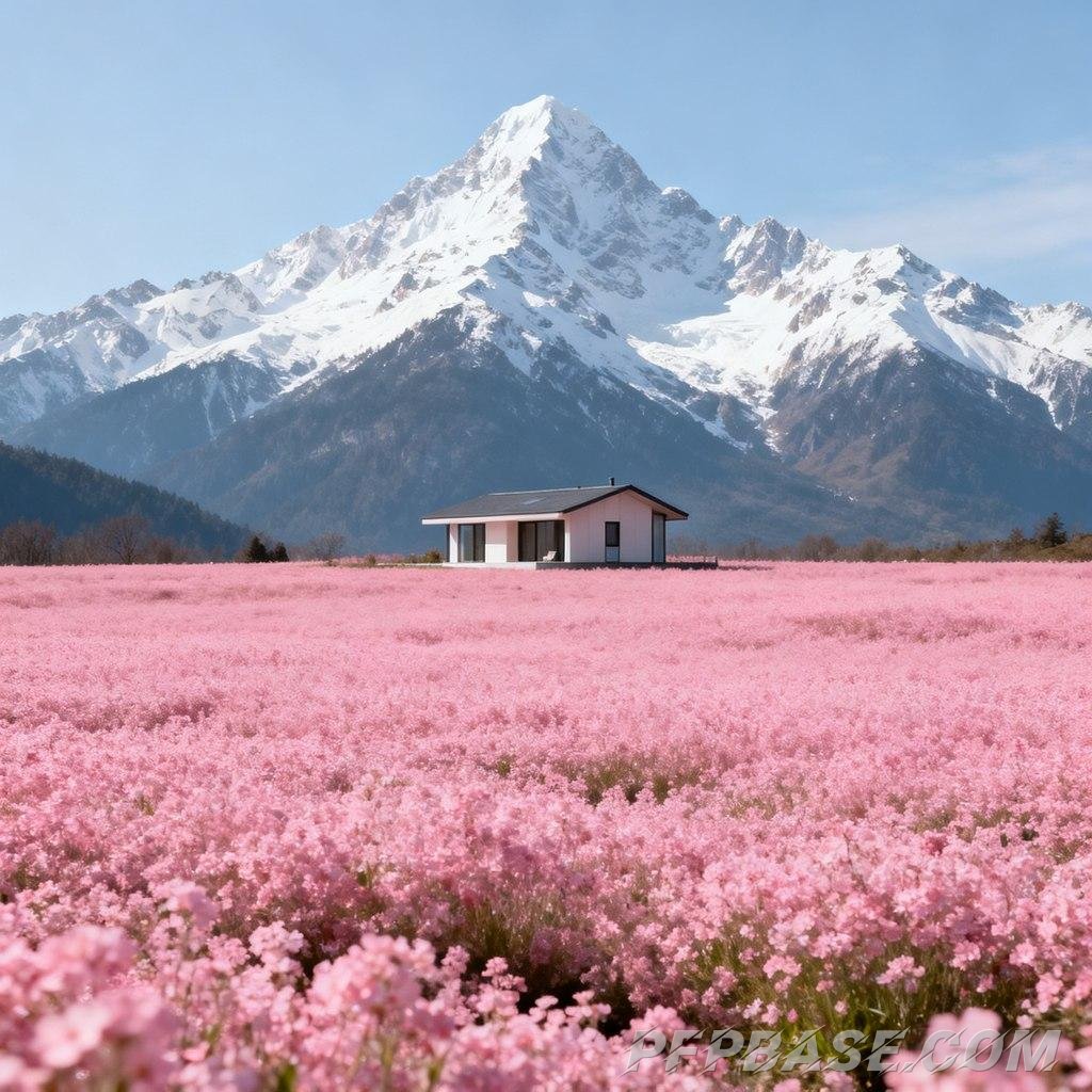 Image 4: dreamy, mountain vista, sea of flowers, harmony, coexistence