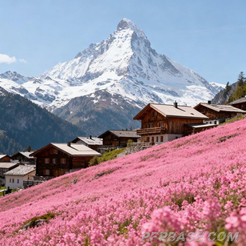Image 5: dreamy, mountain vista, sea of flowers, harmony, coexistence