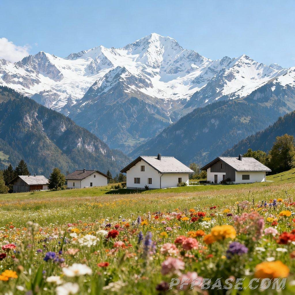 Image 7: dreamy, mountain vista, sea of flowers, harmony, coexistence