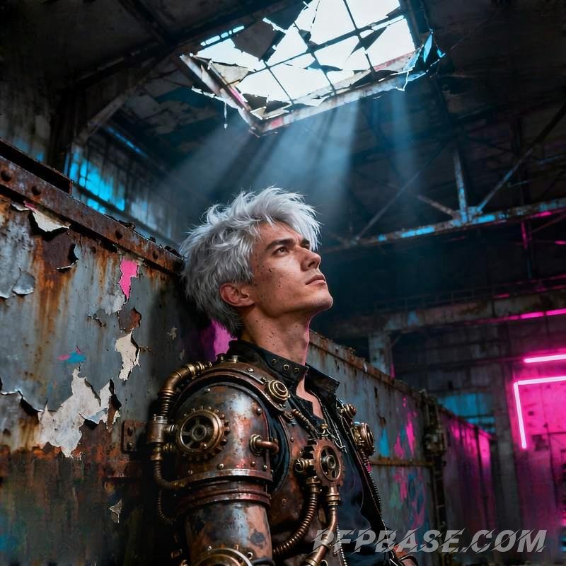 Image 2: young man, mountain twilight, industrial ruins, graffiti street, forest in mist, volcanic coastline